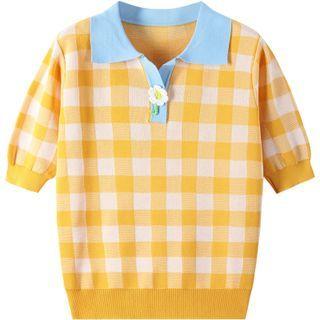 Short-sleeve Plaid Polo Knit Top Yellow - One Size