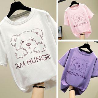Elbow-sleeve Bear Print Lettering T-shirt