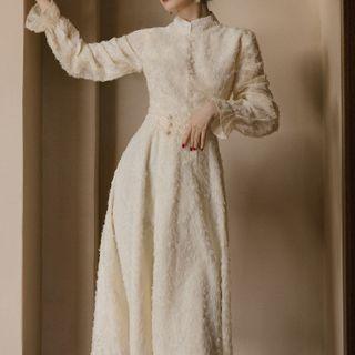 Long-sleeve Stand Collar Lace Midi A-line Dress