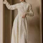 Long-sleeve Stand Collar Lace Midi A-line Dress