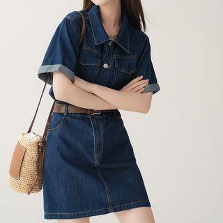 Short-sleeve Henley Denim Mini Shirt Dress / Midi Dress / Striped Cape