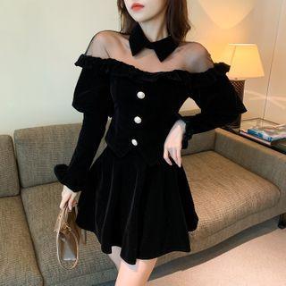 Set: Long-sleeve Velvet A-line Dress + Shorts