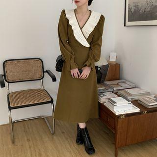 Long Sleeve V Neck Two Tone Dress