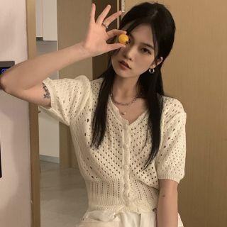 Puff-sleeve Pointelle Button-up Cropped Blouse Off-white - One Size