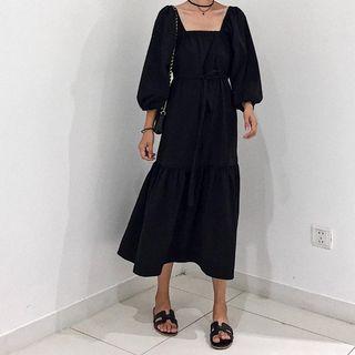 Square-neck 3/4-sleeve Midi A-line Dress Black - One Size