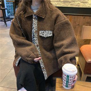 Leopard Panel Faux-shearling Button Jacket