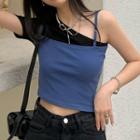 Mock Two-piece Color Block Short-sleeve Cropped Top As Shown In Figure - One Size