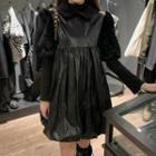Long-sleeve Faux Leather Mini A-line Dress Black - One Size