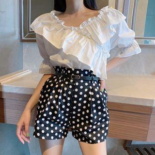 Ruffle Elbow-sleeve Blouse / Dotted High-waist Shorts