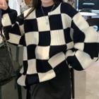 Round Neck Plaid Loose Fit Sweater Plaid - Black & White - One Size