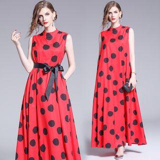 Sleeveless Polka Dot A-line Maxi Dress