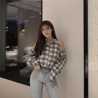 Off Shoulder Plaid Long-sleeved Shirt