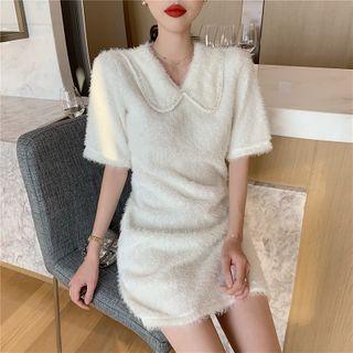 Short-sleeve Collared Fluffy Mini Shift Dress