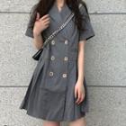Double-breasted Short-sleeve Mini A-line Blazer Dress Gray - One Size