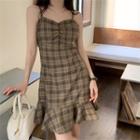 Plaid Ruched Strap Dress