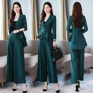 Set: Ruffle Hem Blazer + Wide-leg Dress Pants