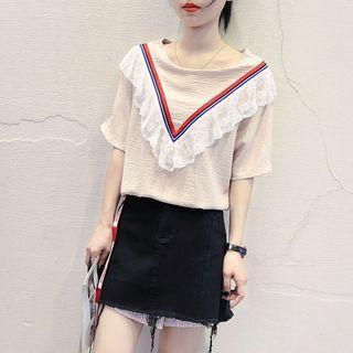 Lace Trim Striped Elbow Sleeve T-shirt