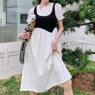 Mock Two-piece Short-sleeve Two Tone Midi Dress