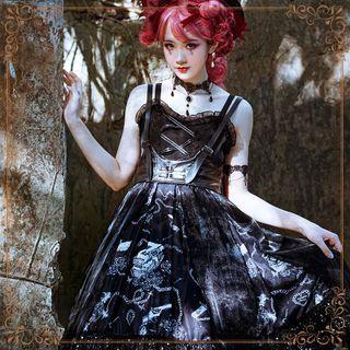 Set: Faux Leather Strappy Top + Strappy Print Dress + Choker + Bracelet