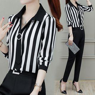Elbow-sleeve Open Placket Chiffon Blouse