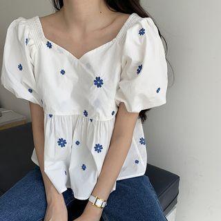 Floral Printed Puff Sleeve Blouse White - One Size