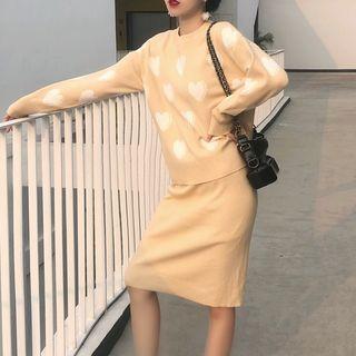 Set: Heart Pattern Sweater + Knit Skirt As Shown In Figure - One Size