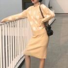 Set: Heart Pattern Sweater + Knit Skirt As Shown In Figure - One Size
