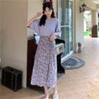 Short-sleeve Plain T-shirt / High-waist Floral Printed Skirt