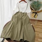 Set: Printed T-shirt +suspender Midi Skirt