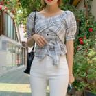 Puff-sleeve Tie-waist Plaid Blouse