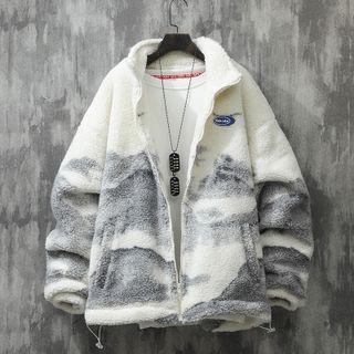 Stand Collar Print Zip-up Fleece Jacket