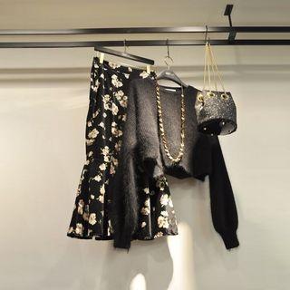Cropped Sweater / Flower Printed Midi Skirt / Set