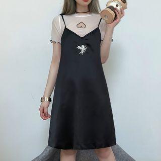 Short-sleeve Heart Embroidered Mesh Top / Cupid Embroidered Pinafore Dress