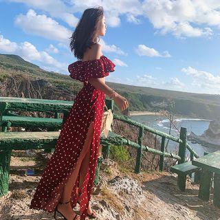 Set: Dotted Short-sleeve Top + Maxi Skirt