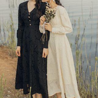 Long-sleeve Buttoned Lace Midi A-line Dress