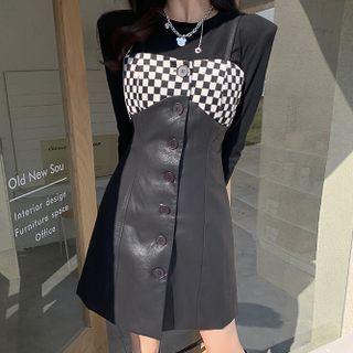 Long-sleeve Shoulder-padded Top / Checkerboard Faux Leather Mini A-line Overall Dress