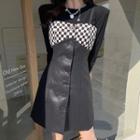 Long-sleeve Shoulder-padded Top / Checkerboard Faux Leather Mini A-line Overall Dress
