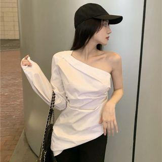 One-shoulder Irregular Shirred Shirt White - One Size
