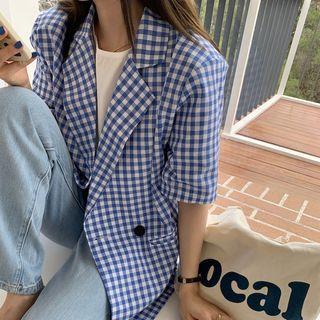 Elbow-sleeve Gingham Check Double-breasted Jacket