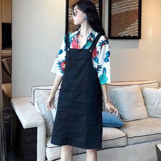 Elbow-sleeve Flower Printed Shirt / Plain Jumper Dress