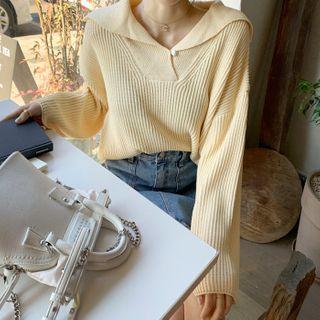 Collared Drop-shoulder Ribbed Knit Top