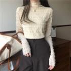 Semi Turtleneck Plain Slim Fit Ruched Lace Top