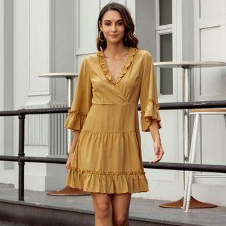 Ruffle-trim Elbow-sleeve Mini A-line Dress