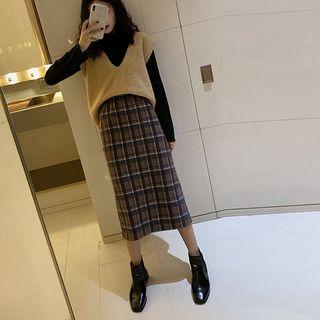 Set: Knit Vest + Turtleneck Knit Top + Plaid Straight-fit Midi Skirt