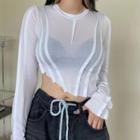 Long-sleeve Round-neck Cropped Asymmetrical Ruched Top