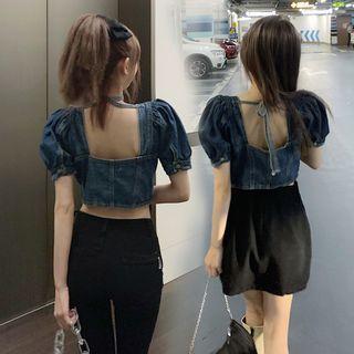 Puff Sleeve Square Neck Denim Cropped Top
