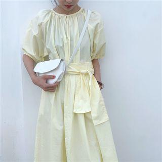 Open Back Puff-sleeve Midi Dress Yellow - One Size