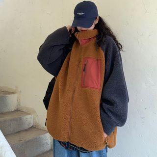 Color Block Fleece Zip Jacket Coffee - One Size