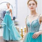Spaghetti Strap Lace Paneled Trained Ball Gown