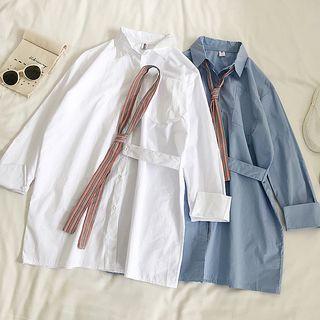 Plain Long-sleeve Shirt With Tie